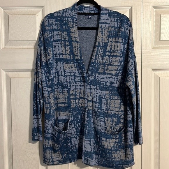 PURE JILL J. JILL Indigo Small Petite Tunic Cardigan Stretch Blue Tan Sweater - Picture 1 of 8